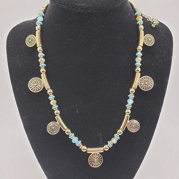 Premier Designs Bon Voyage Necklace Turquoise Color Gold tone Reversible Boho - Picture 3 of 7